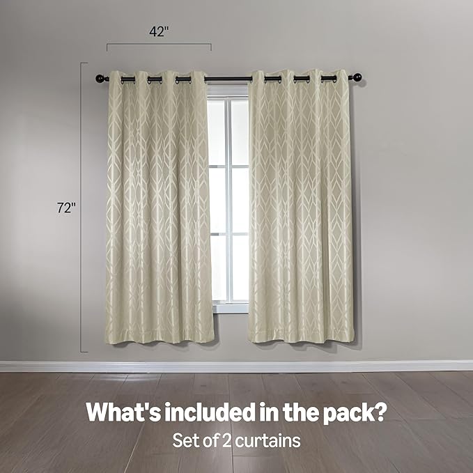 Amazon Basics Jacquard 2-Piece 100% Blackout Curtains, Living Room and Bedroom Drapes, Thermal Insulated Window Treatment, 42"x72", Beige