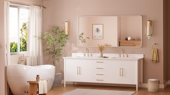 TETOTE 60 x 28 Inch White Framed Bathroom Mirror, Modern Metal Frame Rectangle Modern Farmhouse Wall Mounted Vanity Mirror with Sandy Textured Surface(Horizontal/Vertical)
