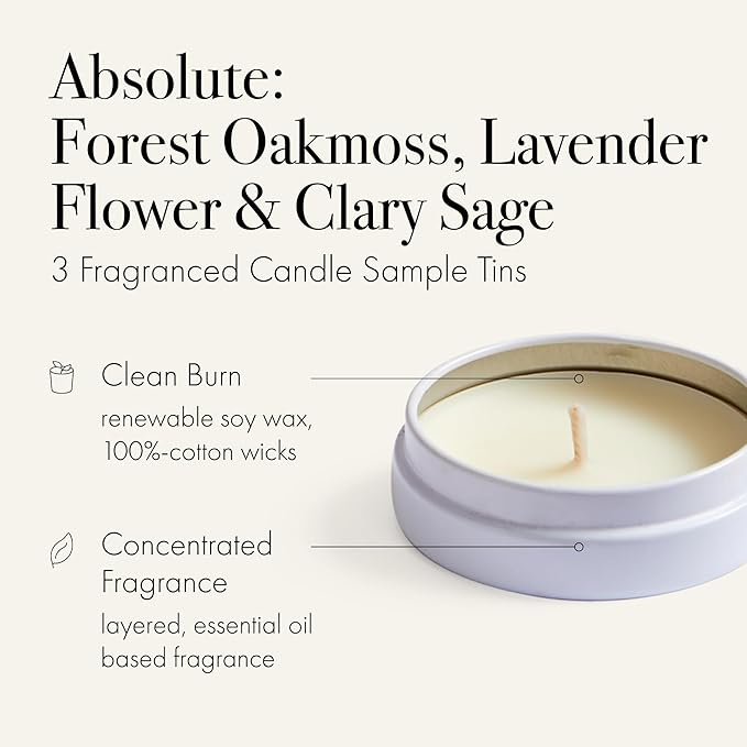 Discovery Trio Absolute: Forest Oakmoss, Lavender Flower & Clary Sage - 3 Fragranced Candle Sample Tins - 4-Hour Burn Time Each - Made in The USA