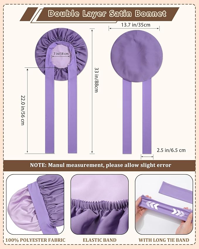 AWAYTR Women Satin Bonnet for Sleeping - Double Layer Silk Hair Bonnet with Elastic Tie Band for Braids Curly Hair