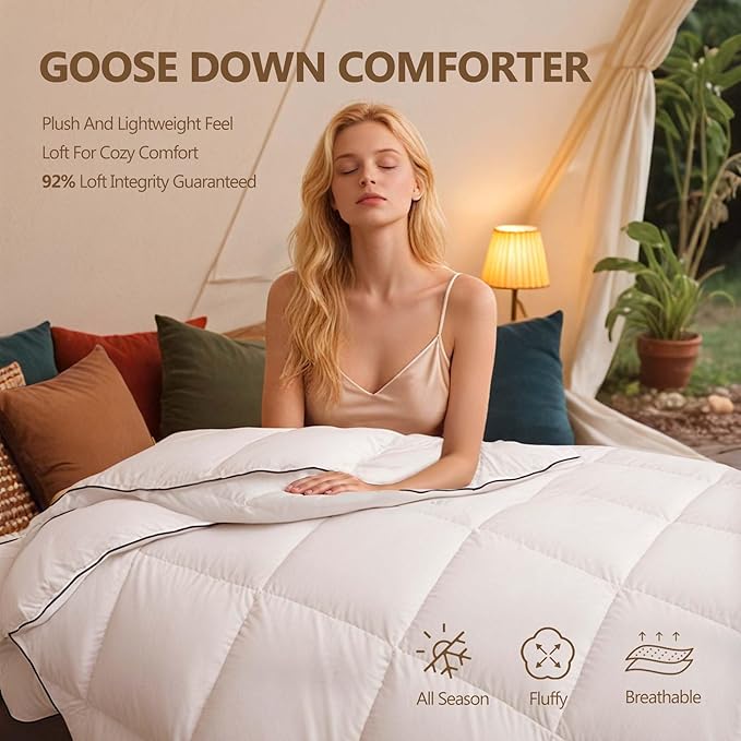 Fluffy White Goose Down Comforter Oversized King, All Season Luxury Down Duvet Insert, Hotel Bedding Comforters, Oeko Certified, 480 Thread Count, High Fill Power -128x90 Inches