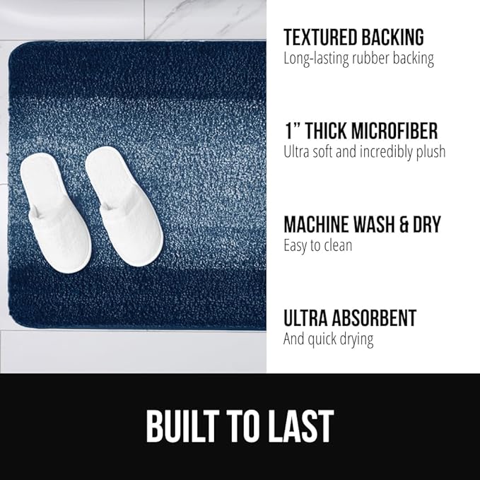 GORILLA GRIP Ultra Soft Plush Bathroom Rugs with Textured Rubber Backing, Absorbent Quick Dry Bath Mat, Machine Washable Shower Mats, Home Décor Accessories Bathmat Rug Essentials, 24 x 16 Navy