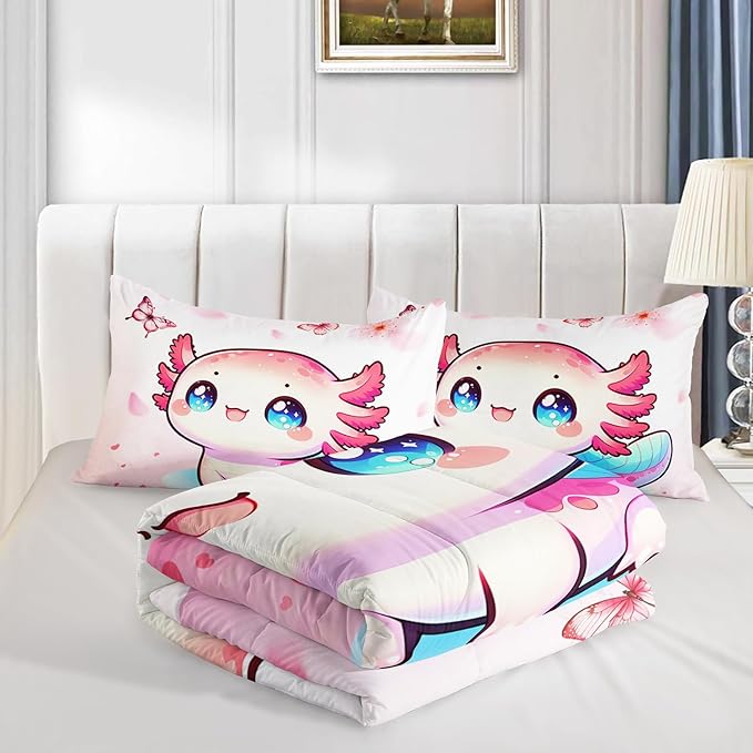 Cartoon Axolotl Comforter Kids Bedding Set,Cute Axolotl Flower Butterfly Bedding Full Size for Toddler Girls Room Kawaii Decor,Pink Series Kids Comforter Sets with 2 Pillowcases.