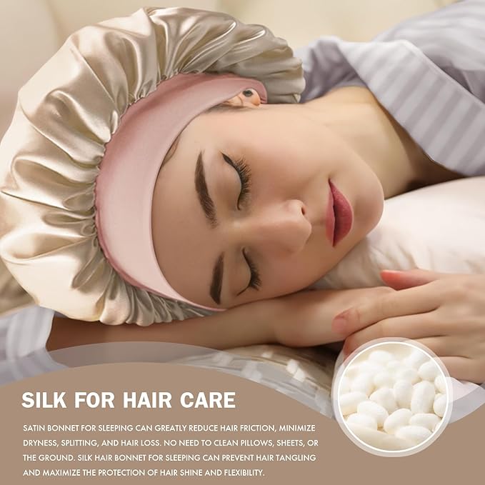 Satin Silk Bonnet for Sleeping, Double Layer Silk Sleep Cap for Men & Women, Soft Satin Lined Bonnet for Curly Hair