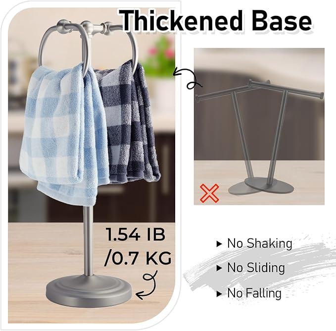 17 Inch Stainless Steel Hand Towel Holder Double Stand Hand Towel Ring for Washcloths or dishcloths Non-Slip Base Free Standing Towel Rack for Bathroom Kitchen (Brushed)