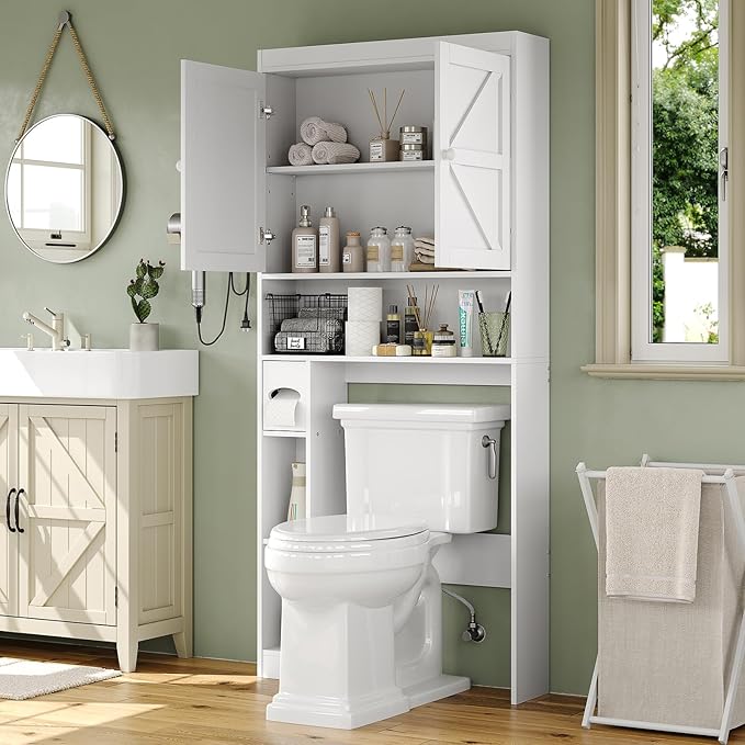 Furniouse Over The Toilet Storage Cabinet 32.3''W Wood Bathroom Storage Cabinet with Doors & Adjustable Shelves Free Standing Toilet Shelf, White