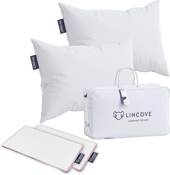 Lincove Recreation Sleeping Pillow, Filled with Premium Down, 600 Fill Power – Includes A Pillow Protector, 400 Thread Count Pillow Shell, Standard - Medium, 2 Pack