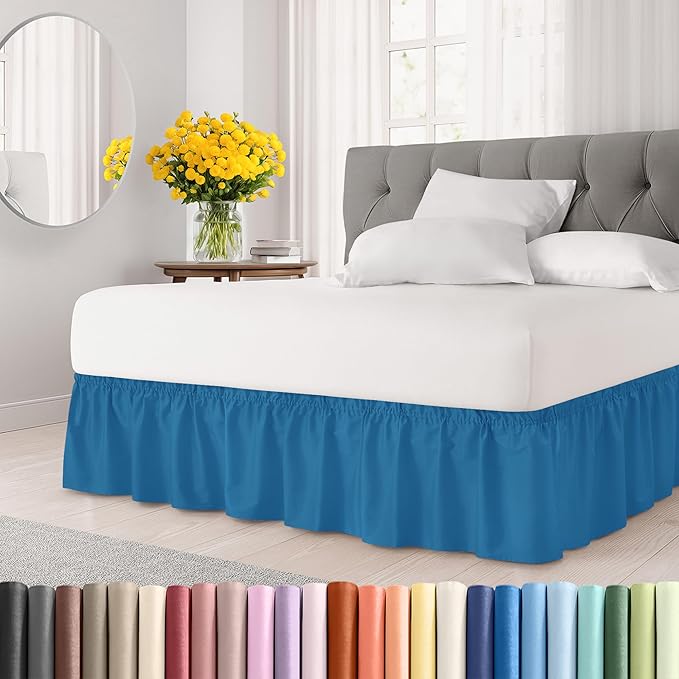Wrap Around Dust Ruffle Bed Skirt - Denim Blue - for Queen Size Beds with 12 Inch Drop - Elastic Strap - Adjustable Pleated Bedskirt with Brushed Fabric and Wrinkle Free - For Women, Men, Kids & Teens