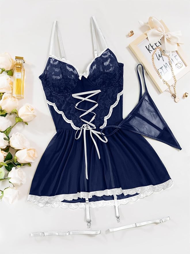 Lilosy Sexy Garter Belt Mesh Lace Babydoll Lingerie Dress Set with Thong