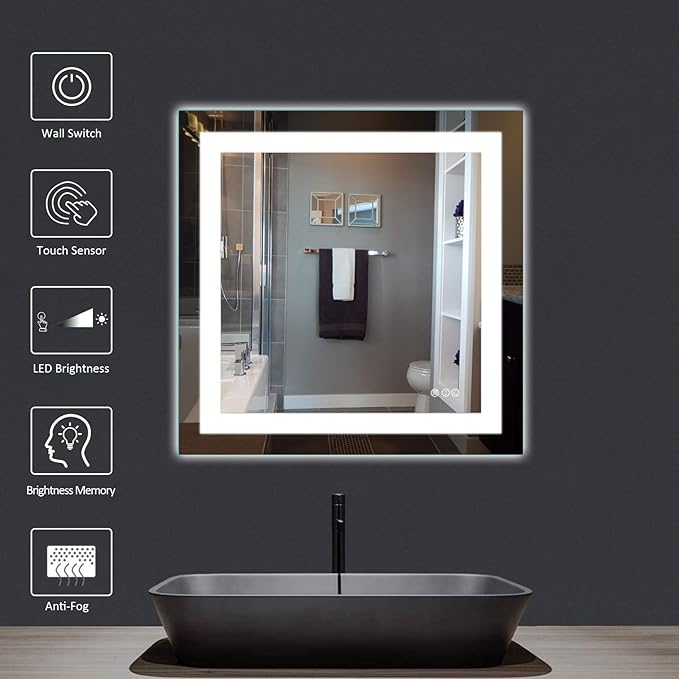Amorho LED Bathroom Mirror 36"x 36" with Front and Backlight, Stepless Dimmable Wall Mirrors with Anti-Fog, Shatter-Proof, Memory, 3 Colors, Double LED Vanity Mirror