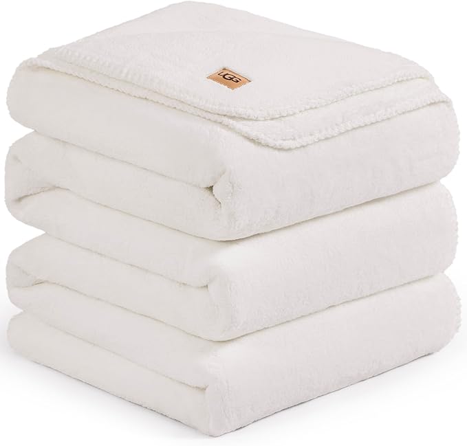UGG Plush King Size Blanket for Bed, Fleece Soft Fuzzy Blanket, Luxury Warm Extra Large Throw for Couch, Washable Hypoallergenic Bedding California King Bed, 110" x 90", White Snow (Whitecap)