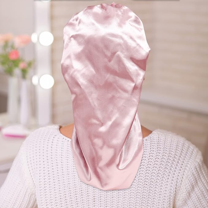 AWAYTR Long Satin Bonnet for Women - Double Layer Elastic Silk Bonnet for Braids Hair Sleeping Cap with Tie Band (Pink)
