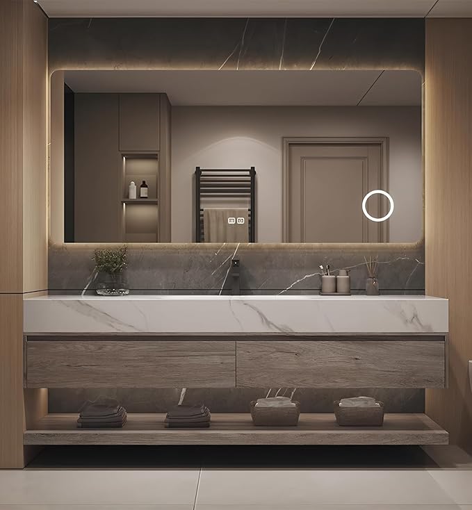 Floating Bathroom Sink Vanity 48Inch, Solid Wood Bathroom Vanities Set Includes Smart Rectangular Mirror, Slate Countertop and Integrated Sink, Modern Bathroom Cabinet with Drawers and Open Storage
