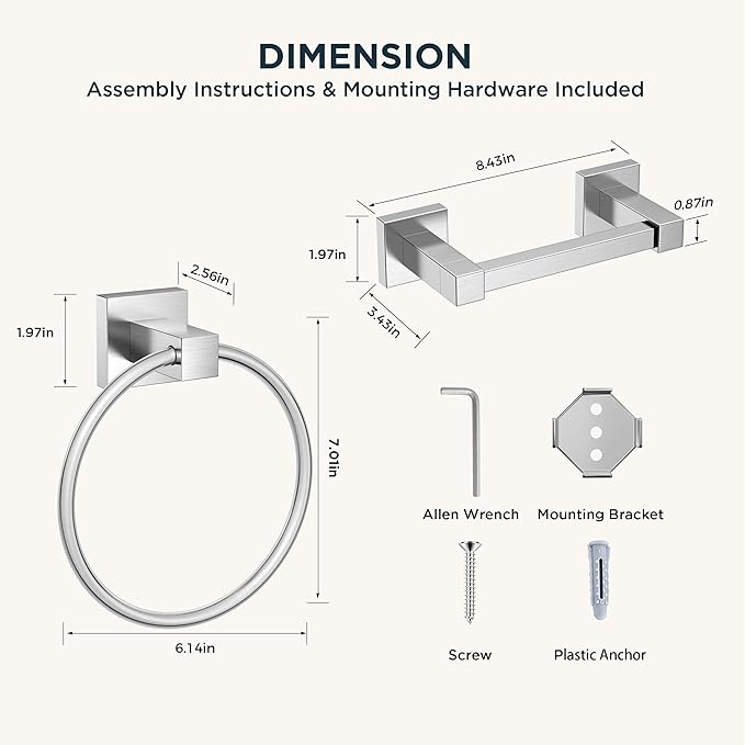 FORIOUS Toilet Paper Holder and Hand Towel Ring Set, SUS 304 Stainless Steel Double Post Pivoting Tissue Roll Holder Wall Mount, Modern Bathroom Hardware Accessories Set, Brushed Nickel