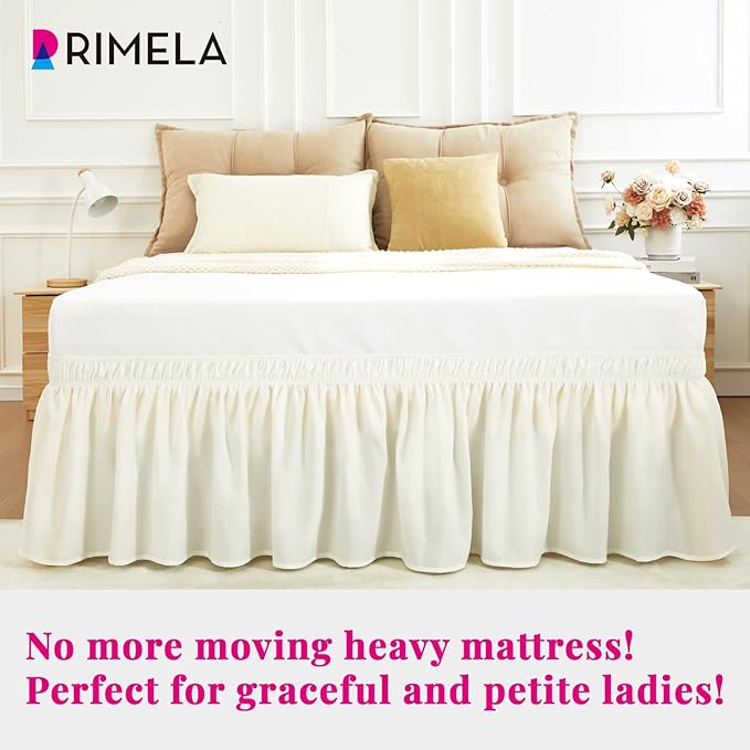 RIMELA Bed Skirt Wrap Around Elastic Dust Ruffles Solid Color Wrinkle and Fade Resistant with Adjustable Elastic Belt Easy to Install Ivory for Queen Size 21 Inch Drop