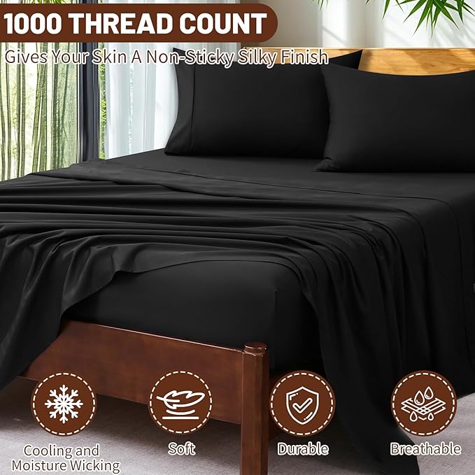 Extra Deep Pocket King Sheets 18-24 Inch 1000 Thread Count 100% Egyptian Cotton Sateen Weave Soft Breathable 4 Pieces（King，Black）