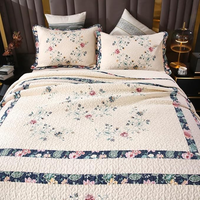 Quilt Set Floral Leaves 3D Embroidery Pattern 3 PCS Cotton Reversible Quilted Embroidered Decorative Bedspreads Coverlet Set, Lightweight &Soft Queen Size Beige Bedding Coverlet for All Season