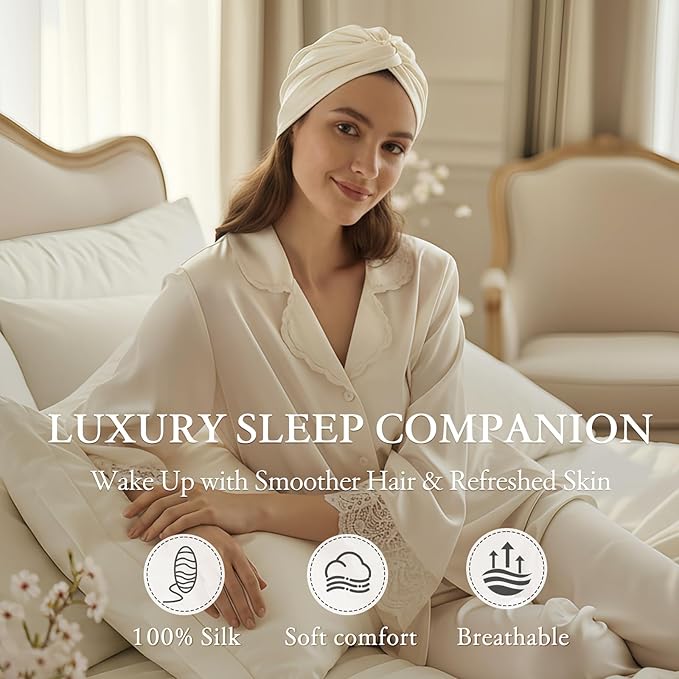 100% Mulberry Silk Bonnet for Sleeping, Adjustable Tie Closure for Women, Breathable Hair Wrap for Hair Protection
