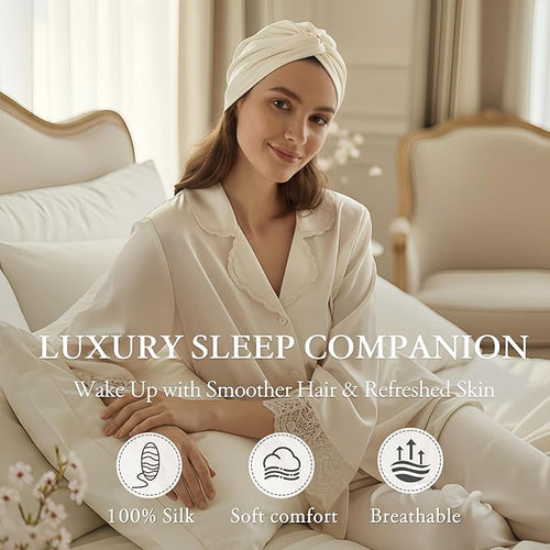 100% Mulberry Silk Bonnet for Sleeping, Adjustable Tie Closure for Women, Breathable Hair Wrap for Hair Protection