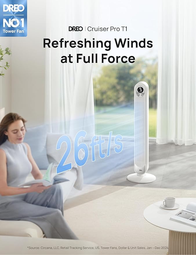 Dreo Tower Fan 42 Inch, Cruiser Pro T1 Quiet Oscillating Bladeless Fan with Remote, 6 Speeds, 4 Modes, LED Display, 12H Timer, White Floor Standing Fan Powerful for Indoor Home Bedroom Office Room