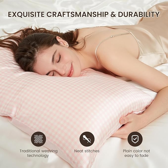 THXSILK Pink Plaid Style 6A+ Grade Mulberry Silk Pillowcase for Hair and Skin, 22 Momme Silk Pillow Case with Hidden Zipper, Organic Silk Pillowcase King Size 20x36 inches, 1PC, Pink Plaid