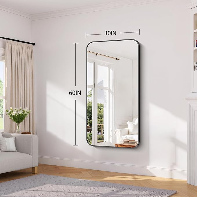 Koonmi Black Framed Bathroom Mirror - 30x60 Inch Shatterproof Tempered Glass Vanity Mirror for Bathroom Sink, Wall Mounted with Matte Aluminum Alloy Frame, No Distortion, Modern Decor