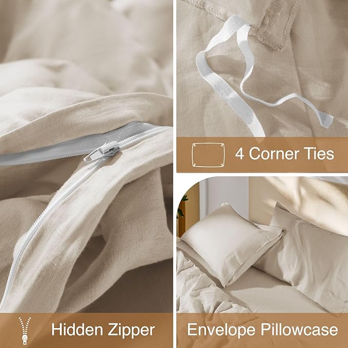 SONORO KATE 100% French Linen Duvet Cover Full Size, Soft Breathable for Hot Sleepers, Moisture Wicking & Durable Cover Set - Zipper Closure & 4 Corner Ties Duvet Covers 3 Piece (Linen,Full)