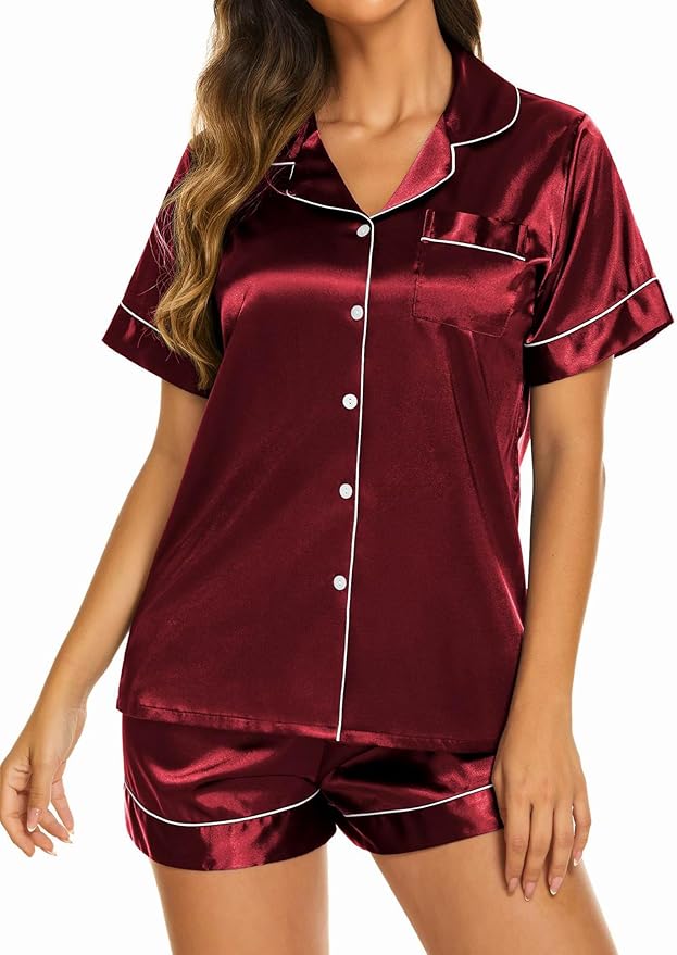 Ekouaer Pajamas for Women Set Silk Satin Pjs Shorts Sleepwear 2 Piece Loungewear S-XXL