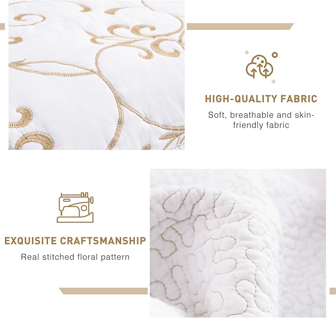 Lady Ann Oversized King 128x120 Quilt Bedspreads,100% Cotton Embroidery Pattern California King Size Quilt Bedding Set Extra Large Lightweight White with Gold Quilted Bedding Coverlet Set 3Pcs