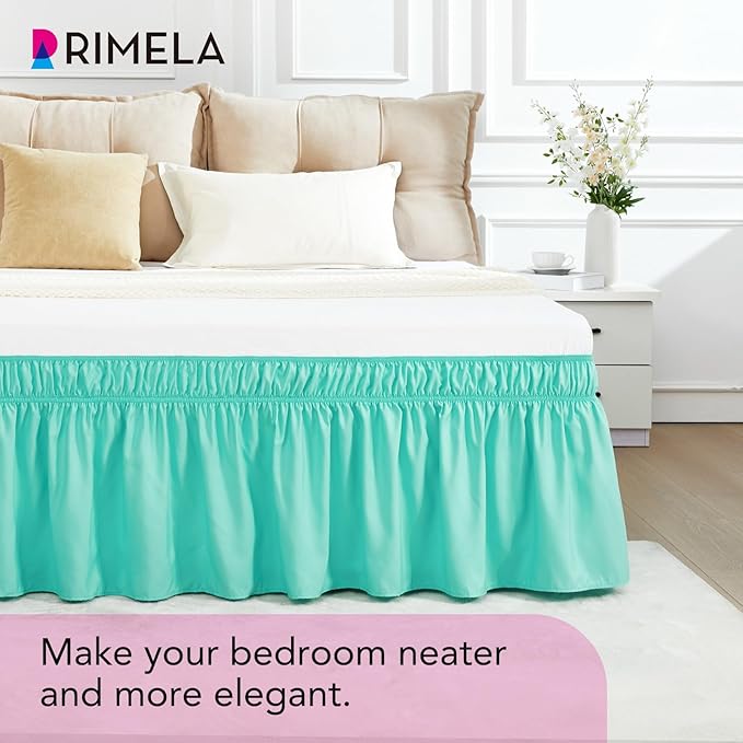 RIMELA Spa Blue Bed Skirt King Size 18 Inch Drop, Elastic Bed Skirting for Bed Base and Frame, Bedding Dust Ruffle Easy to Install, Lightweight Wrap Around Adjustable Bedskirt