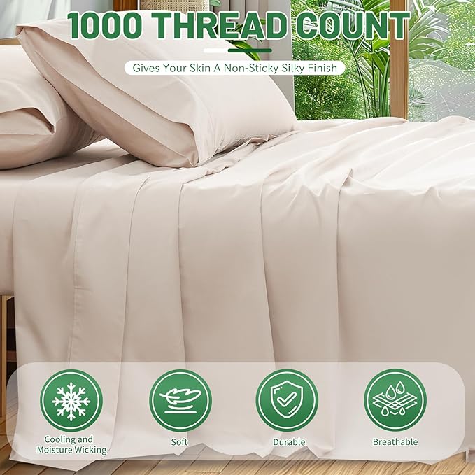 100% Egyptian Cotton Sheets King Size 1000 Thread Count Sateen Weave Soft Breathable 16-Inch Deep Pocket 4PCS（King,Linen）
