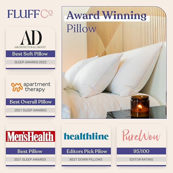 FluffCo Zen Fluff™ Down Standard/Queen Pillow with 600 Fill Power White Duck Down Stomach Sleeper Pillows - Luxury Hotel Quality 300 Thread Count - 100% Cotton Feather Pillows (Soft Queen Size 1 Pack)