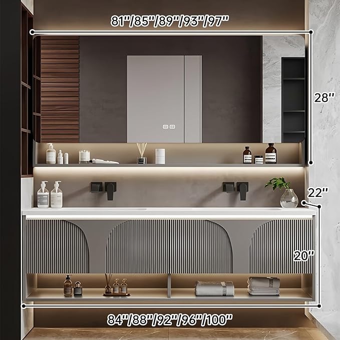 Double Bathroom Vanity with Sink, 92IN Floating Bathroom Vanity Set with Smart Defogging Mirror Cabinet and Open Shelf, Oak Wood Bathroom Cabinet with Two Drawers and Bottom Open Storage (Grey)