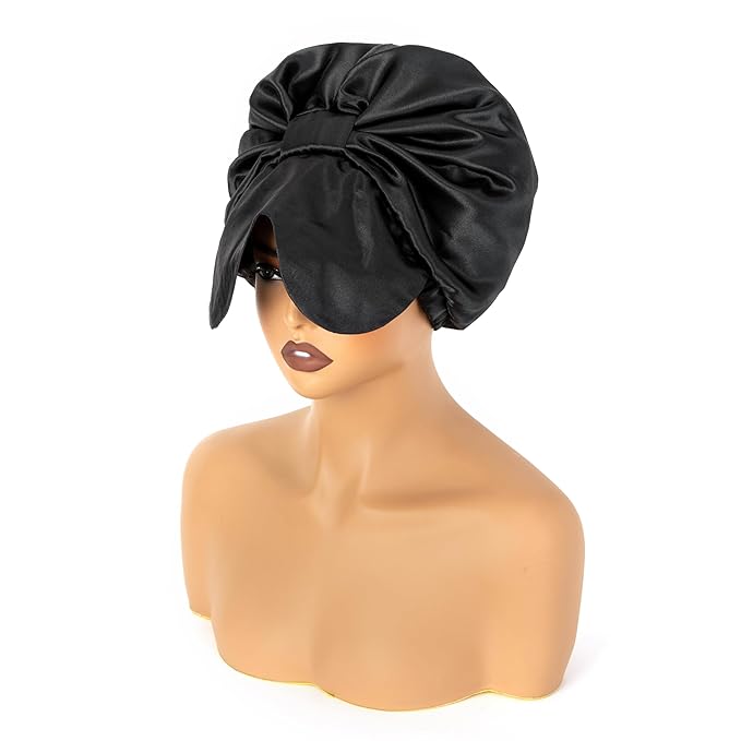 Black Satin Bonnet for Sleeping Women Adjustable Silk Hair Bonnet for Natural & Curly Hair Soft Satin Lined Bonnet Double Layer with Elastic Band Silk Sleep Cap
