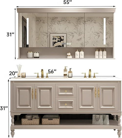 56" Double Bathroom Vanity with Sink,Freestanding Bathroom Vanity Large Storage Cabinet & Open Mirror Cabinet,4 Soft Closing Doors and 2 Drawers Solid Wood Luxury Bathroom Vanities Set,White