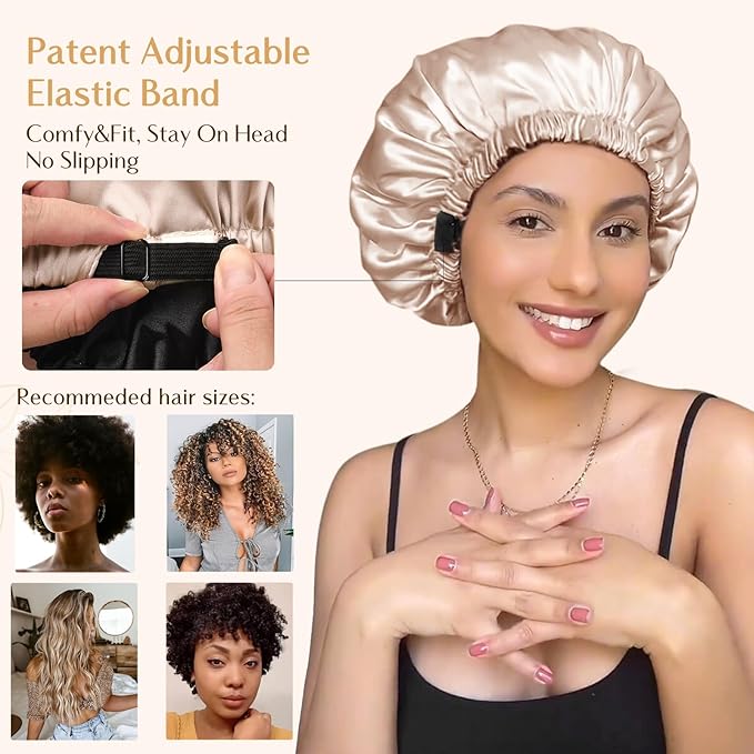 YANIBEST Adjustable Silk Bonnet Double Layer Satin Bonnet Hair Bonnet for Sleeping Bonnets for Women Hats Curly Natural Hair, Champagne
