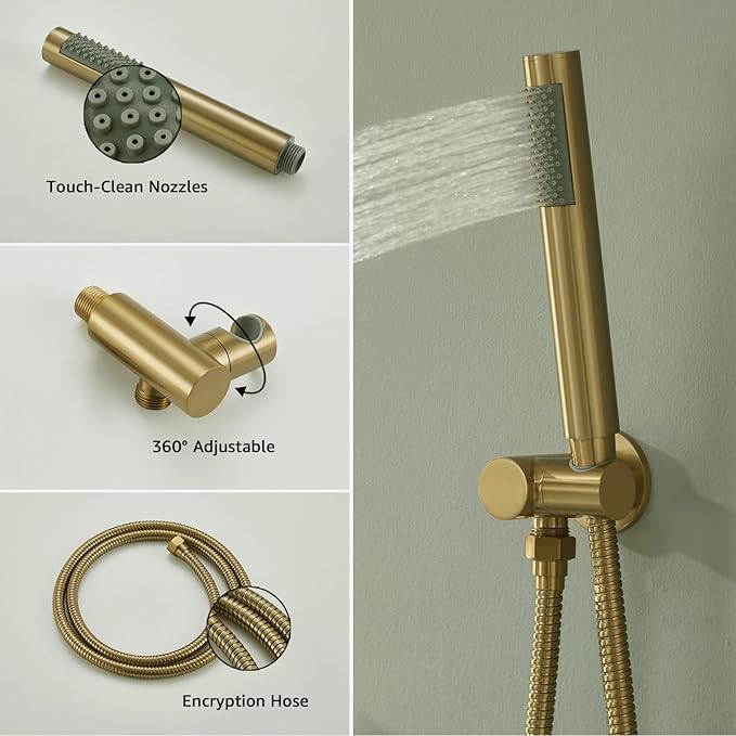 Iriber Brushed Gold Shower System Wall Mounted Shower Faucet Mixer Set with 10 Inches Rain Shower head and Handheld, Bathroom Shower Trim Kit Contain Pressure Balance Valve Cartridge