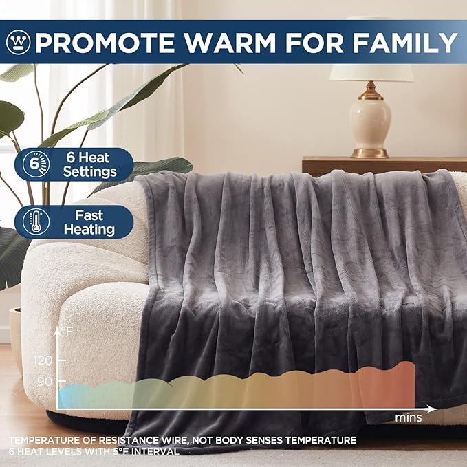 Westinghouse Electric Blanket Heated Throw, Super Cozy Soft Flannel 50"" x 60"" Heated Throw with 6 Fast Heating Levels & 2-10 Auto-Off, Machine Washable, ETL&FCC Certification, Home Office Use, Grey