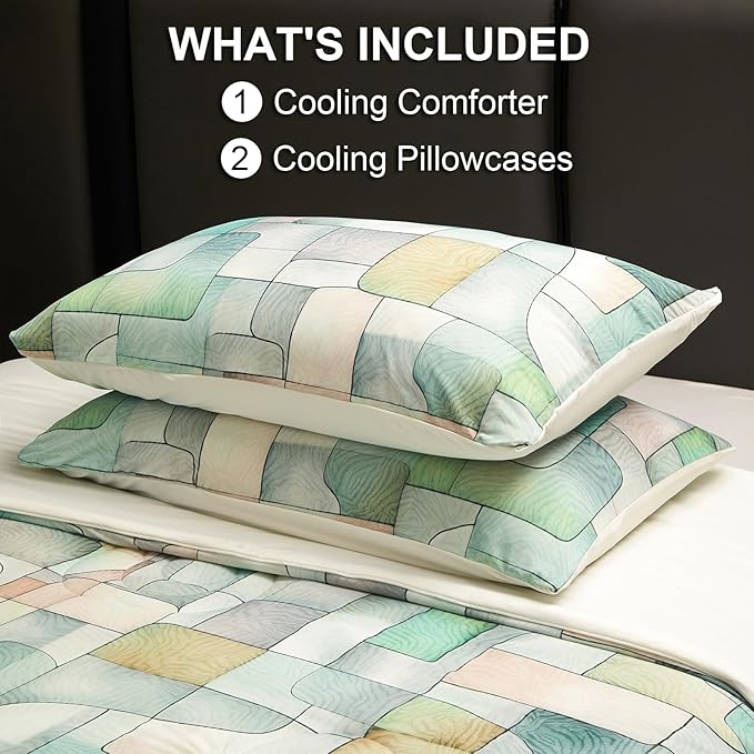 Cyusri Print Cooling Comforter Set 3Pcs Breathable Cool King Size Bedding Set with 2 Pillowcases Green Geometric Pattern Silky Cold Quilt, 108"x90"