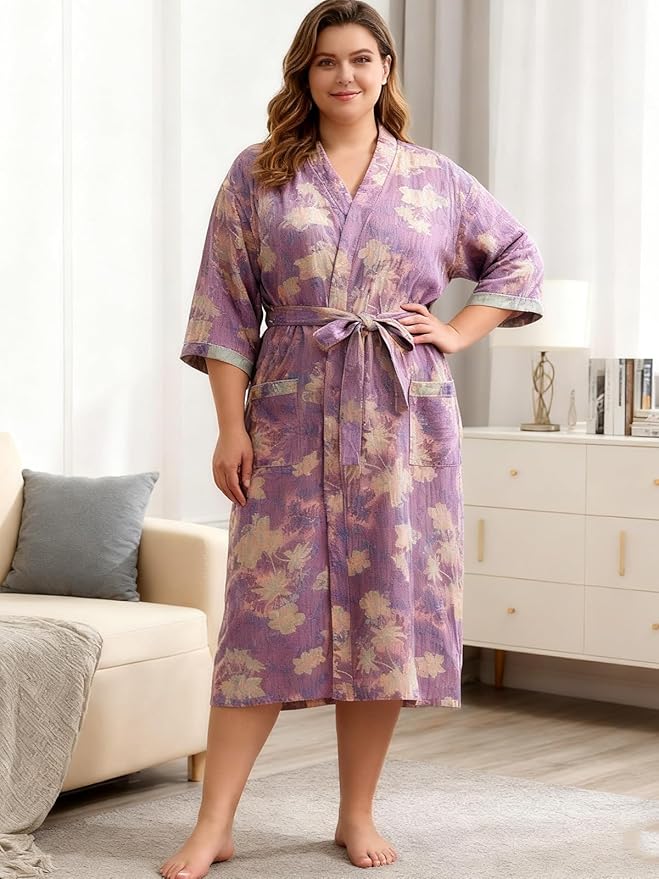 Women Cotton Double Gauze Jacquard Kimono Robe Bathrobe with Belt Pocket Comfortable Loungewear Yukata Sleepwear