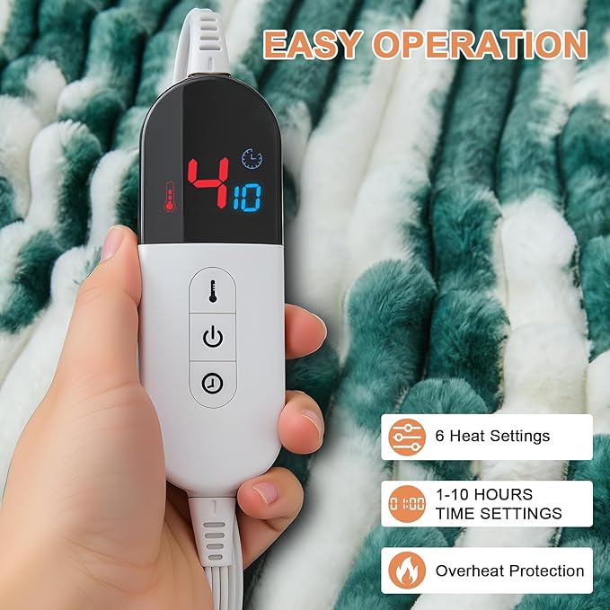Heated Blanket Twin - 62"x84" Fast Heating Bed Electric Blankets with 6 Heating Levels & 10 Hours Auto Off, Soft Ribbed Faux Fur Sherpa, Over-Heated Protection ETL, Dark Green