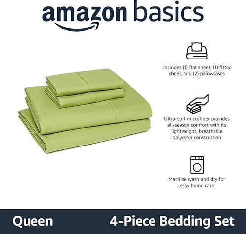 Amazon Basics Lightweight Microfiber 4-Piece Bed Sheet Set, Oliver Light, Solid, Queen