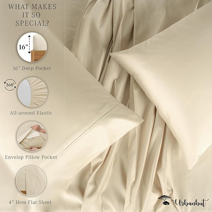 URBANHUT 1000 Thread Count Egyptian Cotton California King Sheets, Long Staple Soft & Breathable, 4 Pc Bed Sheet Sets, Luxury Hotel Sateen Sheets Fits 16" Deep Pocket - Ivory