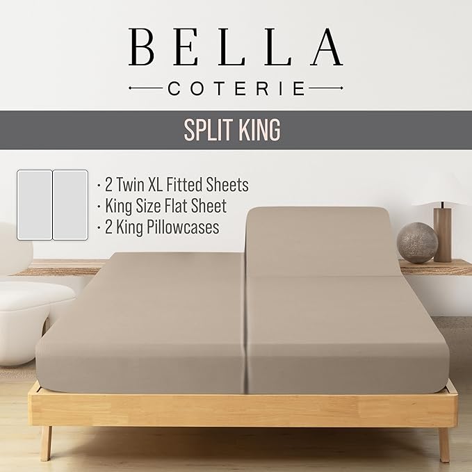 Bella Coterie Luxury Bamboo Viscose Split King Size Sheet Set | 2 Fitted Sheets for Sleep Number & Adjustable Beds | 100% Organically Grown | Cooling & Ultra Soft | 18” Deep Pocket [Dune]