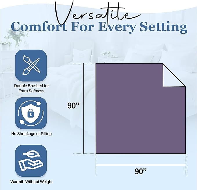 Thermee Micro Flannel Full/Queen Size Blankets, Lightweight All Seasons Cozy Blanket, Throw Blankets for Home and Living Room, Comfy & Soft Blanket for Couch, Machine Wash, No Pilling - Purple