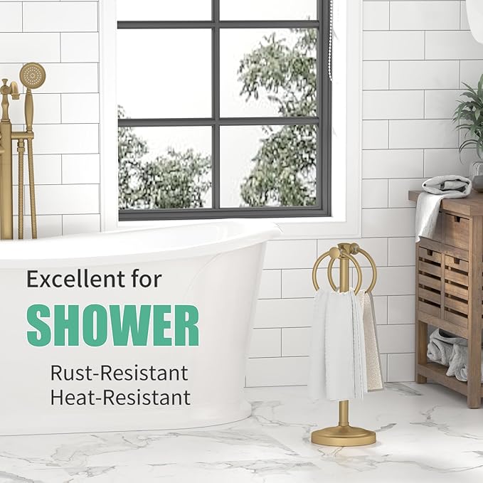 Hoimpro 17" Brushed Gold Free Standing Towel Rack Bracket, Double Towel Ring Hand Towel Stand Holder, Bathroom Hardware Accessories Set Towel Bar for Bathroom Vanities and Kitchen Countertops