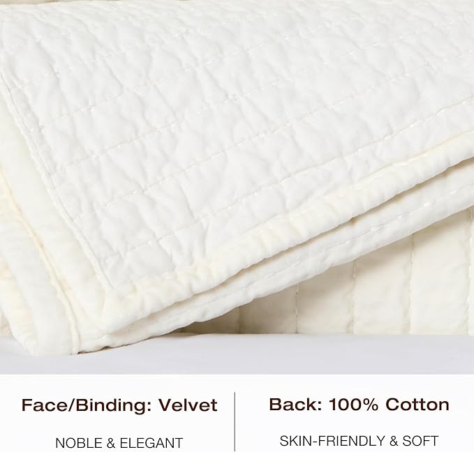 ELEGANT LIFE HOME Velvet Quilt Queen Reversible Royal Cotton Velvet Pic-Stitch Bedding Quilt - Queen - 88''x 92'', Ivory