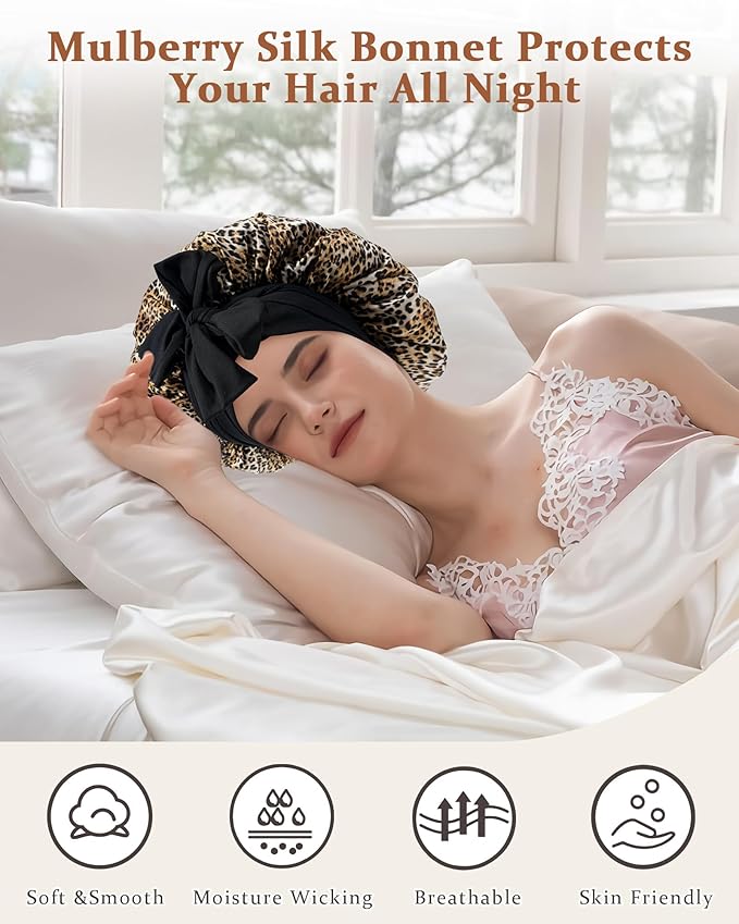 100% Mulberry Silk Bonnet for Sleeping Women Double Layer Silk Hair Bonnet Natural Sleep Cap with Elastic（Black + Leopard）