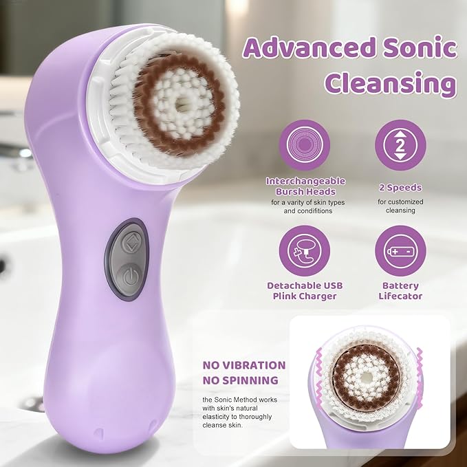Clarisonic Mia 2 Electric Face Cleansing Brush with 2 Brush Heads, Sonic Facial Brush for Deep Cleaning & Exfoliation, Waterproof Rechargeable (Lavender)