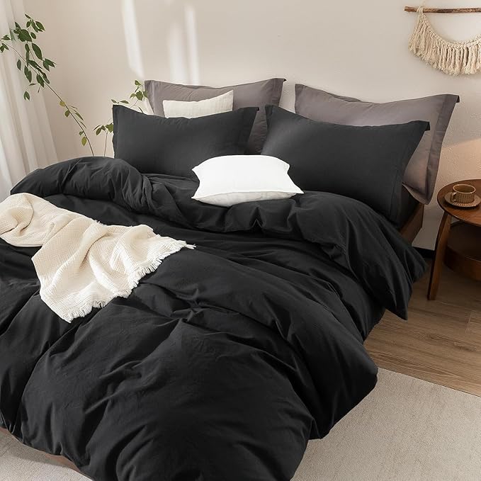 Black Duvet Cover Twin Size 100% Washed Cotton Bedding Set Cover One Duvet Cover with Zipper Closure and One Pillowcases, 90inch x 68inch